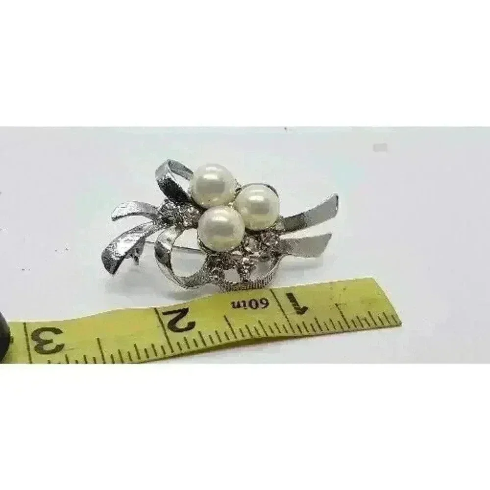 Vintage Brooch Faux Pearl Cluster & Rhinestone Ribbon & Bow Silver